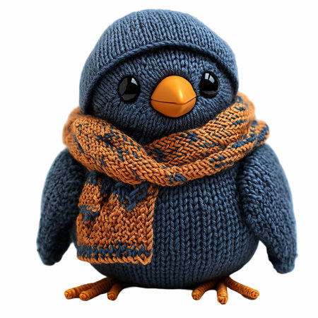 A cute cartoon penguin wearing a knitted hat and scarf.の写真素材