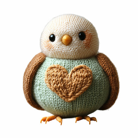 Cute little bird with knitted heart on white background, closeupの写真素材