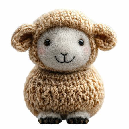 Cute woolen sheep isolated on white background. Knitted toy.の写真素材