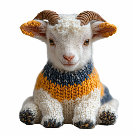 Cute goat with knitted scarf isolated on a white background.の写真素材