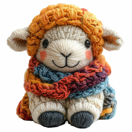 Handmade woolen toy sheep with scarf isolated on white background.の写真素材
