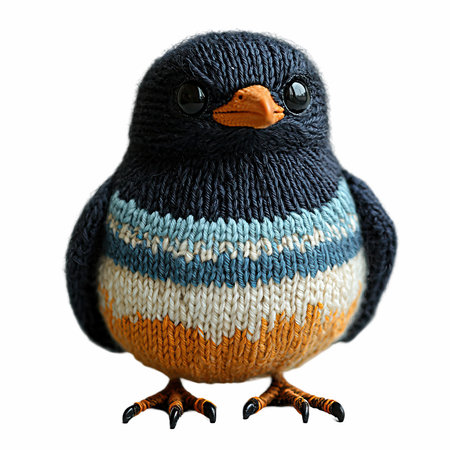 Knitted toy penguin isolated on white background with clipping path.の写真素材