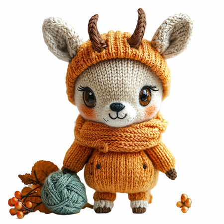 Cute little toy deer in a knitted hat and scarf isolated on white backgroundの写真素材