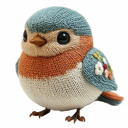 Handmade knitted toy in the form of a bird isolated on white backgroundの写真素材