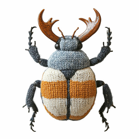 Handmade woolen toy beetle isolated on white background. Knitted animal.の写真素材