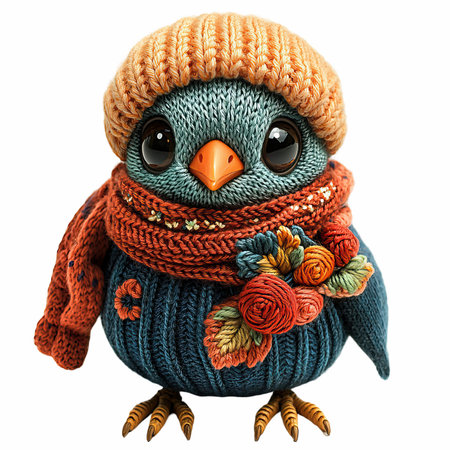 Cute little bird in a knitted hat and scarf isolated on white backgroundの写真素材
