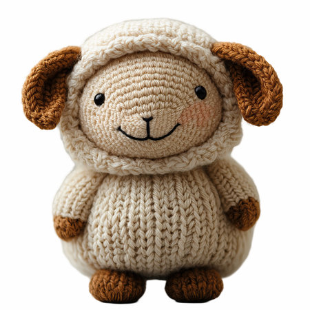 Cute handmade knitted toy sheep isolated on white background, clipping path includedの写真素材