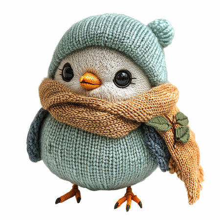 Cute owl in a knitted hat and scarf isolated on white backgroundの写真素材
