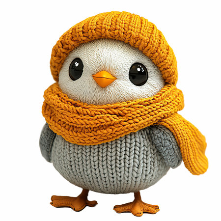 Cute little chick in knitted hat and scarf isolated on white backgroundの写真素材