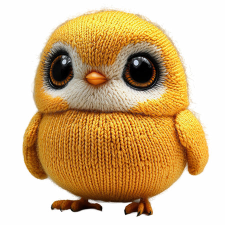 Cute little bird in a knitted hat isolated on white backgroundの写真素材