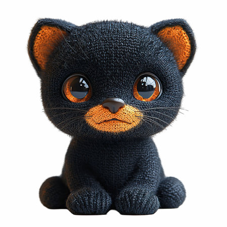 3D rendering of a cute black cat toy isolated on white backgroundの写真素材