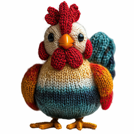Handmade knitted chicken isolated on white background with clipping path.の写真素材
