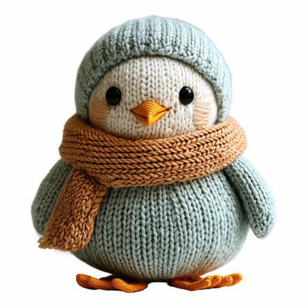 Cute little penguin in knitted hat and scarf isolated on whiteの写真素材