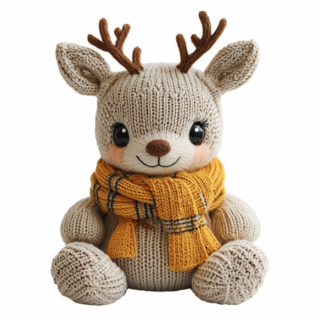 Handmade knitted toy reindeer isolated on white background.の写真素材