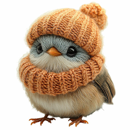 Cute little bird in knitted hat isolated on white background.