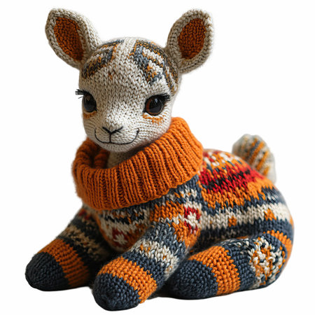 Knitted toy animal in a warm scarf isolated on a white backgroundの写真素材