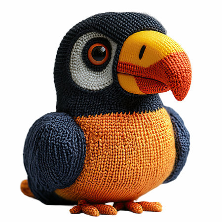 Knitted toy penguin isolated on white background with clipping path.の写真素材