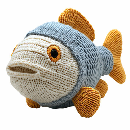 Handmade knitted toy fish isolated on white background. Knitted toy fish.の写真素材
