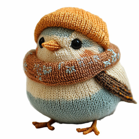 Cute little chick in a knitted hat and scarf isolated on white backgroundの写真素材