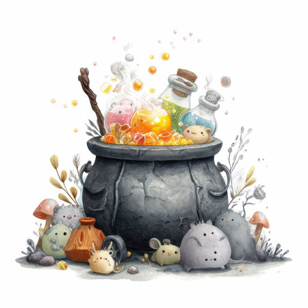 Discover a whimsical scene featuring an enchanting cauldron bubbling with colorful potions, surrounded by cute mystical creatures and nature elements.の写真素材
