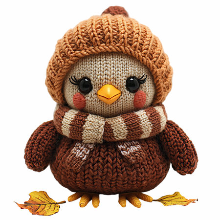 Cute knitted bird with autumn leaves isolated on white backgroundの写真素材