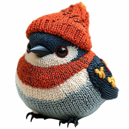Cute bird in a knitted hat isolated on white background.の写真素材