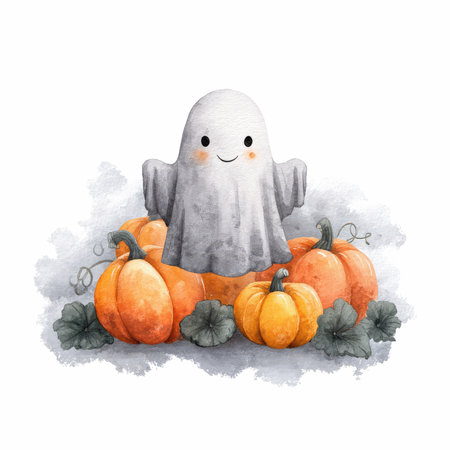 This delightful watercolor illustration features a friendly ghost with a big smile, surrounded by vibrant pumpkins, perfect for Halloween decor.の写真素材