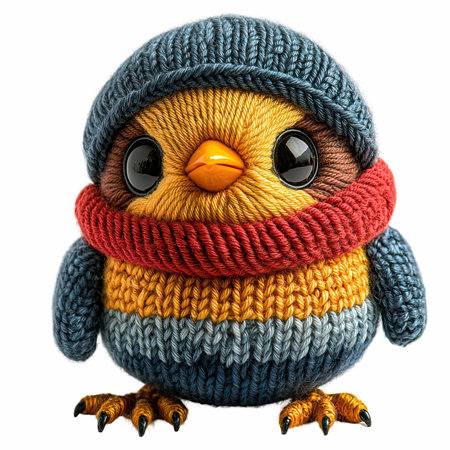 Cute funny bird in knitted hat isolated on white background.の写真素材