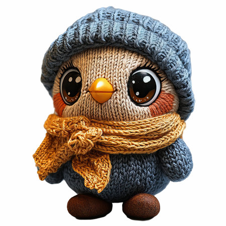 Cute knitted owl in a hat and scarf isolated on white backgroundの写真素材