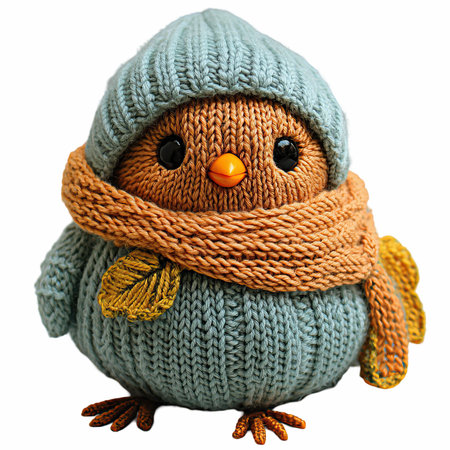 Knitted toy penguin in a hat and scarf isolated on white backgroundの写真素材