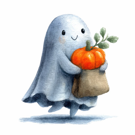 This charming watercolor illustration features a friendly ghost joyfully holding a pumpkin in a cute brown bag, evoking a whimsical Halloween spirit.の写真素材