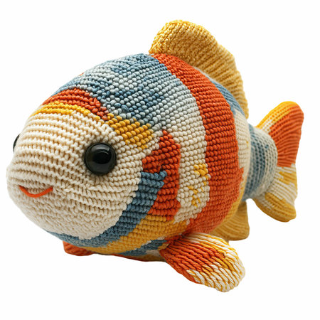 Handmade knitted toy fish. Isolated on white background.の写真素材