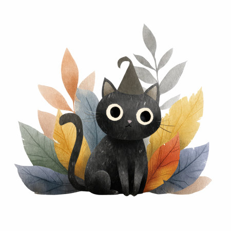 A delightful watercolor illustration of a playful black cat amidst vibrant leaves, perfect for seasonal decor, children&#39;s books, or creative projects.の写真素材