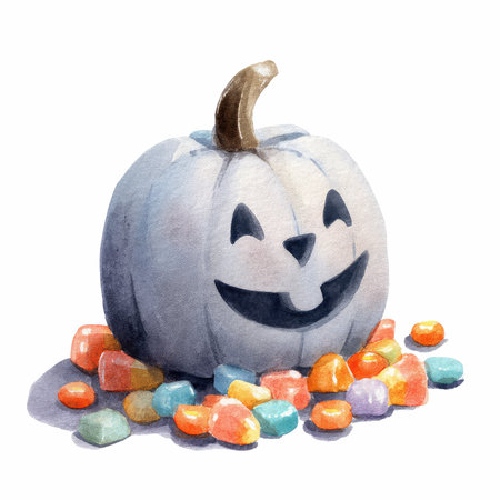 A charming gray pumpkin lantern with a cheeky grin surrounded by colorful candy pieces, perfect for celebrating Halloween and adding festive cheer.の写真素材