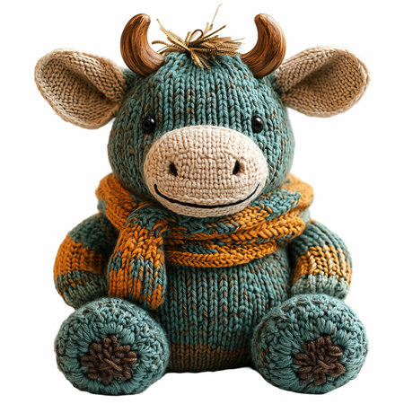Cute knitted toy cow with horns on a white background.の写真素材