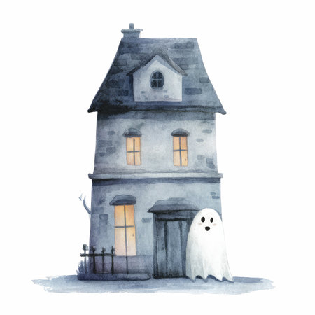 This watercolor artwork features a hauntingly beautiful house with a ghostly figure, perfect for Halloween-themed projects and creative designs.の写真素材