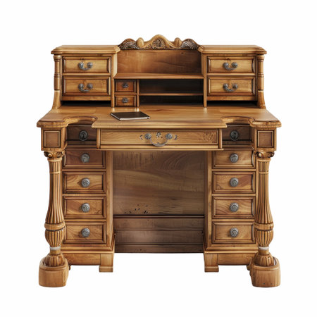 Wooden desk isolated on white background. 3d rendering. Computer digital drawing.の写真素材