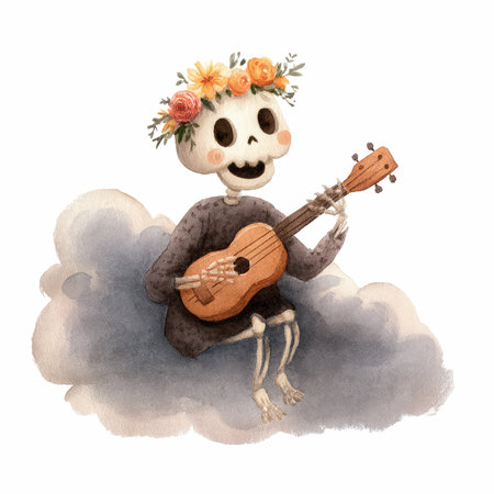 This whimsical watercolor illustration features a friendly skeleton wearing a flower crown and playing a ukulele while sitting on a cloud. Perfect for festive themes!の写真素材