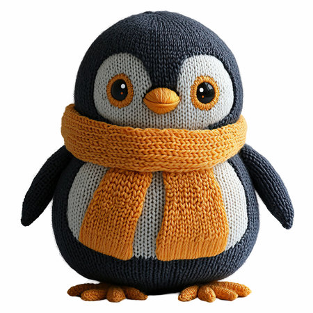 Knitted penguin with scarf isolated on white background with clipping pathの写真素材