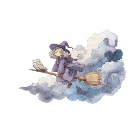 A delightful illustration of a little witch soaring through the clouds on her broomstick, accompanied by her adorable owl, evoking a sense of whimsy and adventure.の写真素材