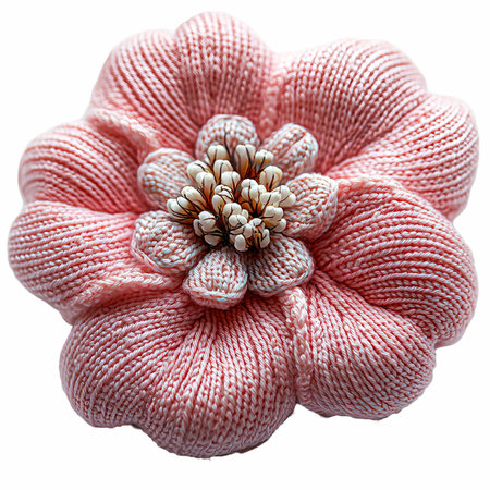 Handmade knitted pink flower isolated on white background. Top view.の写真素材