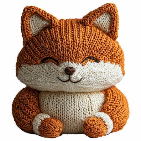 Knitted fox isolated on white background. Knitted fox toy.の写真素材