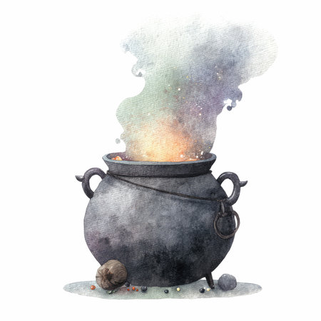Discover a captivating watercolor illustration of a magical cauldron, complete with colorful smoke, perfect for Halloween-themed projects and decorations.の写真素材