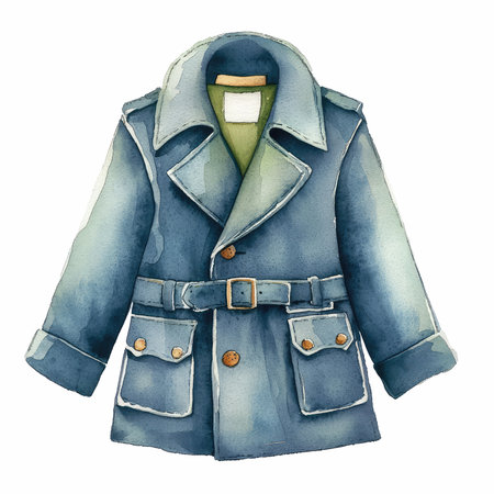 A beautiful watercolor illustration of a blue coat featuring a stylish belt and pockets, perfect for fashion-related projects. Ideal for apparel websites.の写真素材