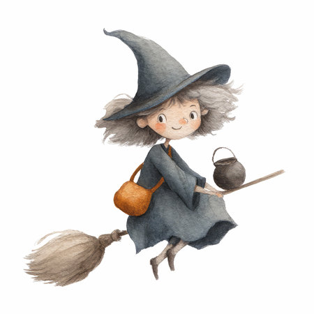Delight in this whimsical watercolor illustration of a charming witch, perfect for Halloween-themed projects, children&#39;s books, and festive decorations.の写真素材