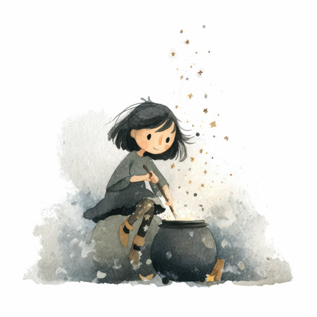A delightful illustration of a young witch stirring a bubbling cauldron, surrounded by magical elements that evoke a whimsical and enchanting atmosphere.の写真素材