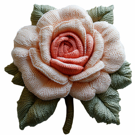 Knitted scarf isolated on white background. Wool scarf with a flower.の写真素材