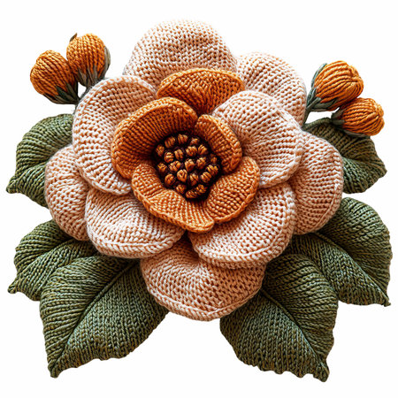 Handmade knitted flower. Isolated on white background. Clipping Pathの写真素材
