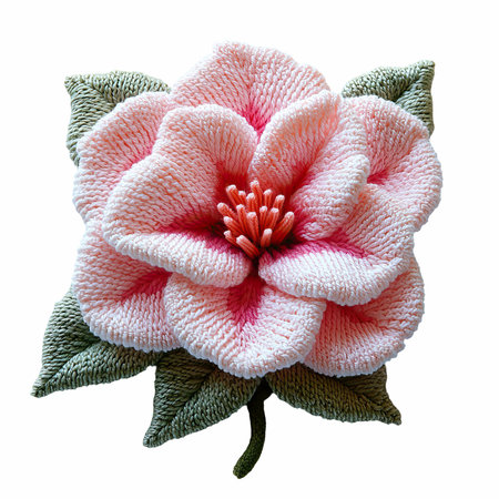 Beautiful handmade knitted flower isolated on white background with clipping pathの写真素材