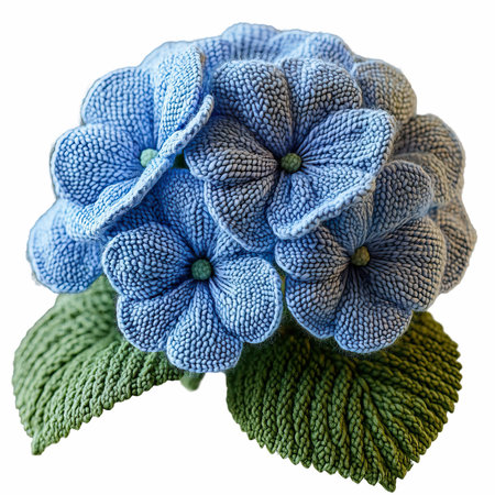 Handmade knitted blue and green hydrangea flower isolated on white background